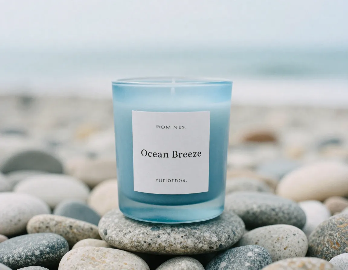 Ocean Breeze scented candle with blue coastal tones